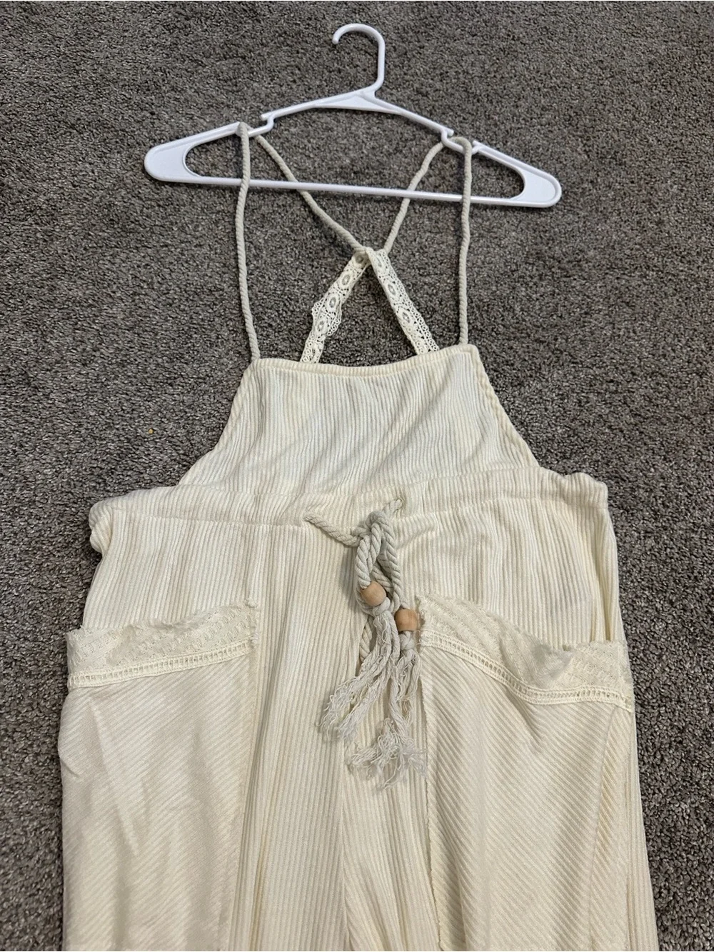 Free People Cream Ribbed Tie-Waist Jumpsuit with Lace Straps